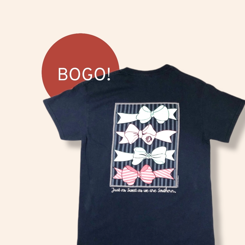Preppy Bow Tee Shirt Navy Short Sleeve Bow Print Crew Neck Small